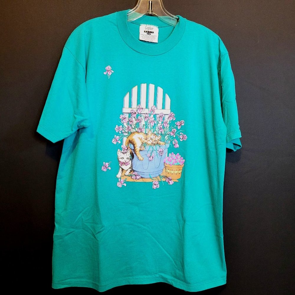 Vintage Cat Shirt Gopher Sport Large 90s Retro Green Flower Garden Tshirt